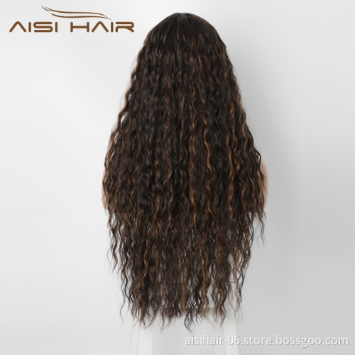 Afro Heat Resistant Friendly Cheapest Natural Mixed Black Brown Long Deep Wave Synthetic Hair Wigs Lace Front